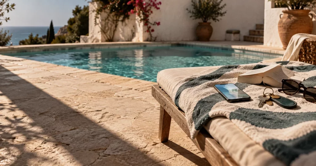 Empty sun lounger with a phone full of notifications while self-managing a holiday let